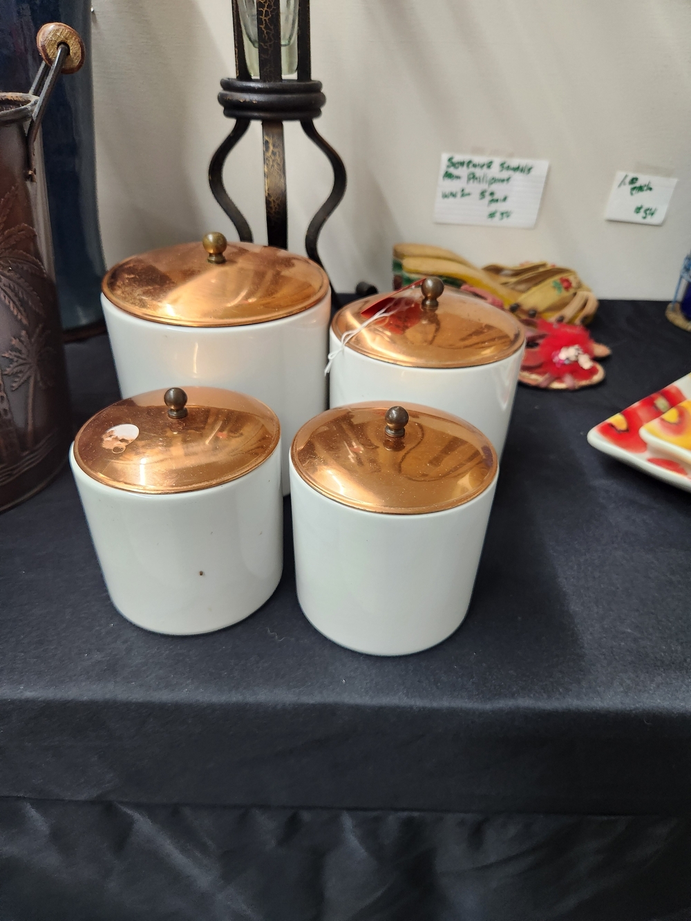 White Ceramic Canister Set with Copper Lids - 4 Piece